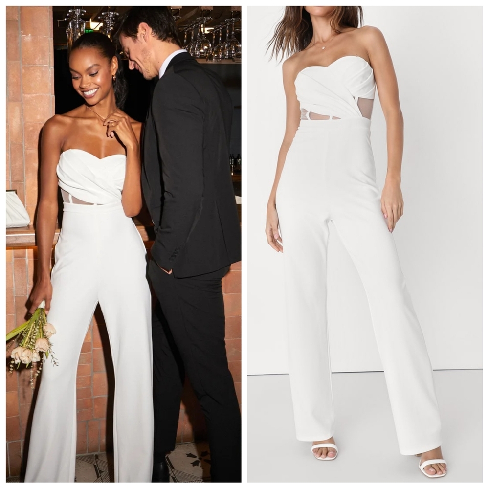 Lulus Surely Stunning Ivory Strapless Bustier Jumpsuit | Size L | Elegant Fit - Picture 3 of 4